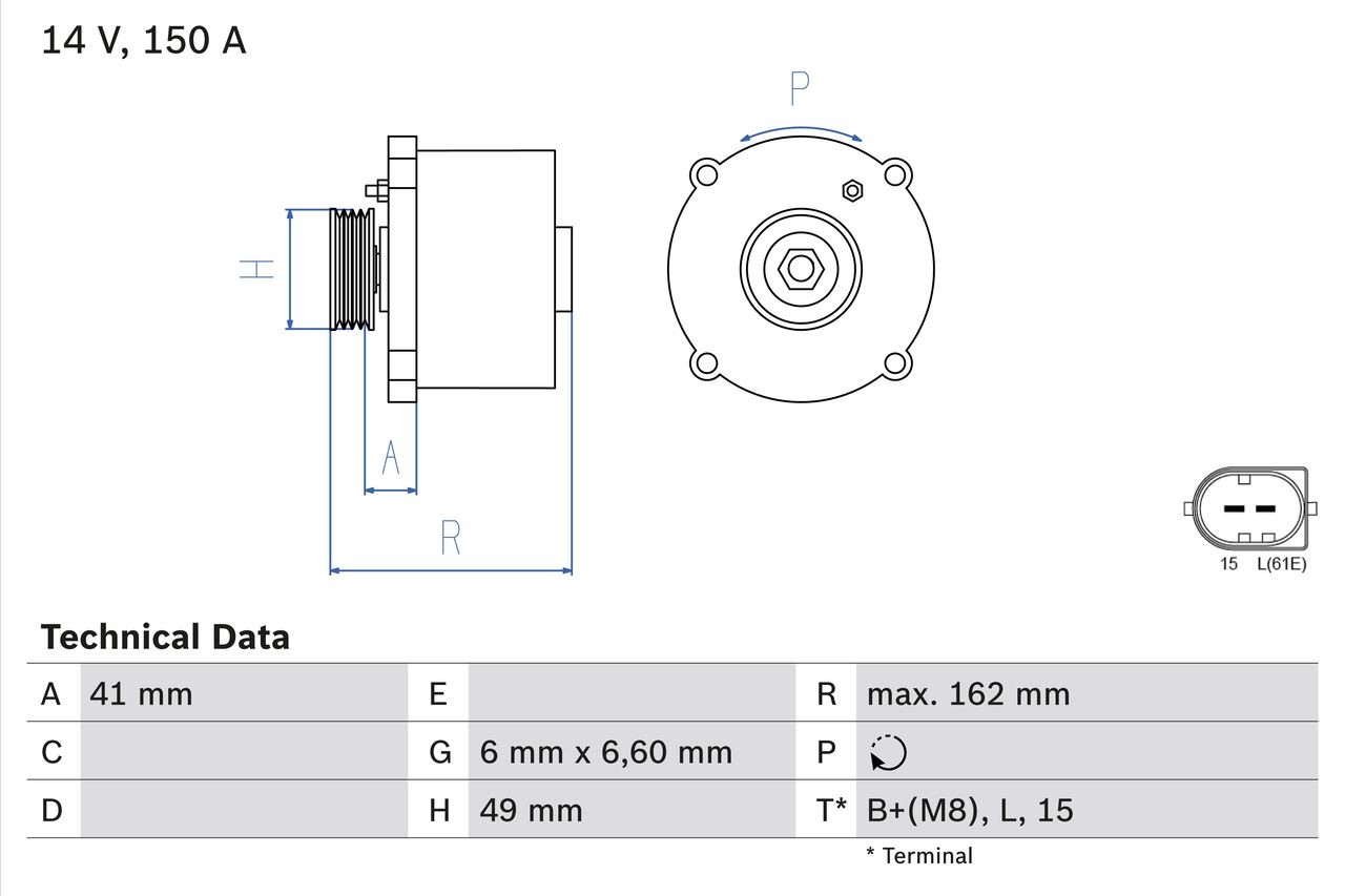 BOSCH 0 986 041 750 Alternator 14V, 150A, excl. vacuum pump, Ø 49 mm
