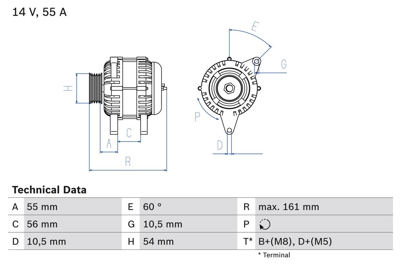 BOSCH 0 986 041 820 Alternator 14V, 55A, B+(M8),D+(M5), excl. vacuum pump, Ø 54 mm