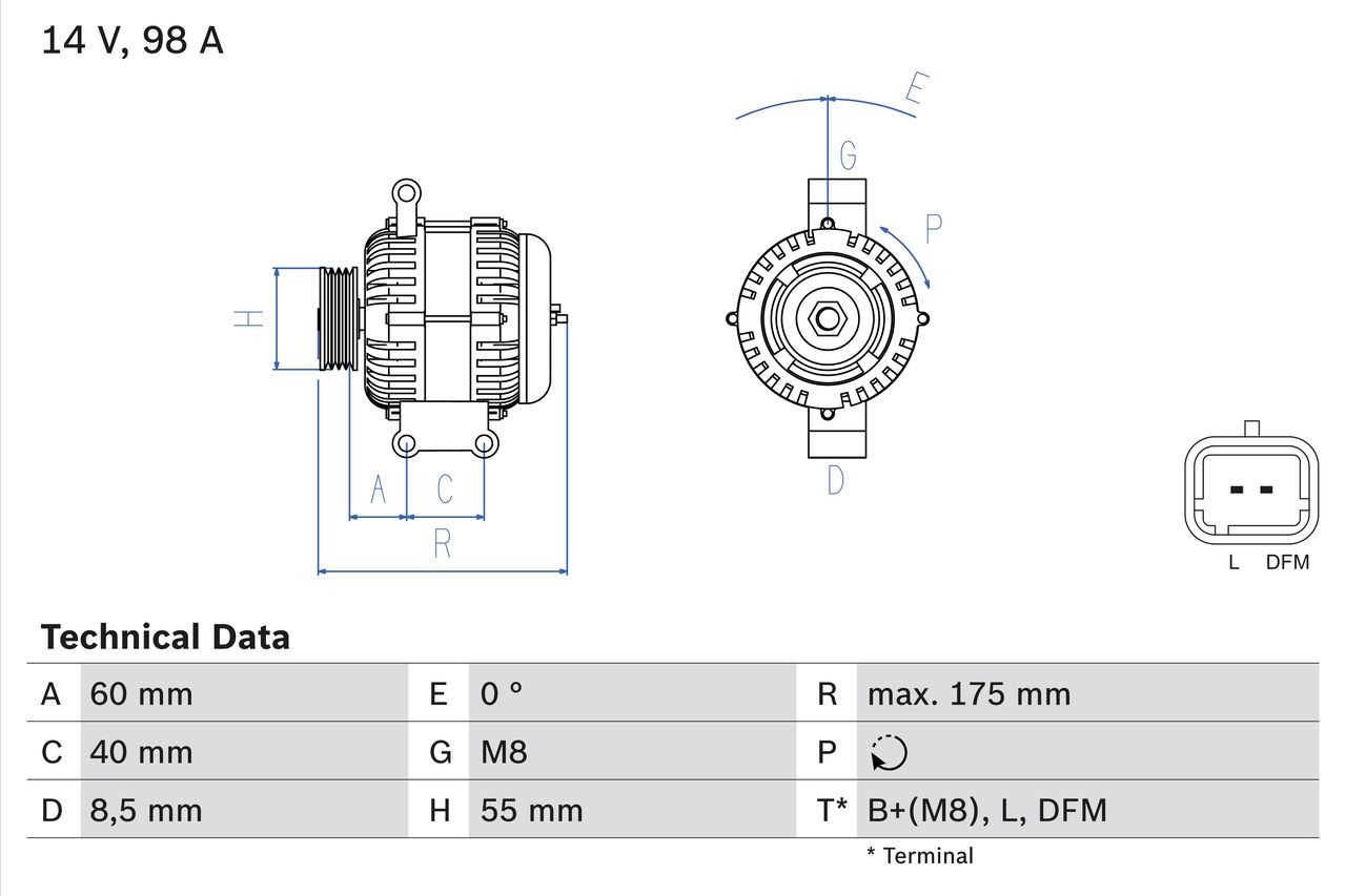 BOSCH 0 986 041 850 Alternator 14V, 98A, excl. vacuum pump, Ø 55 mm