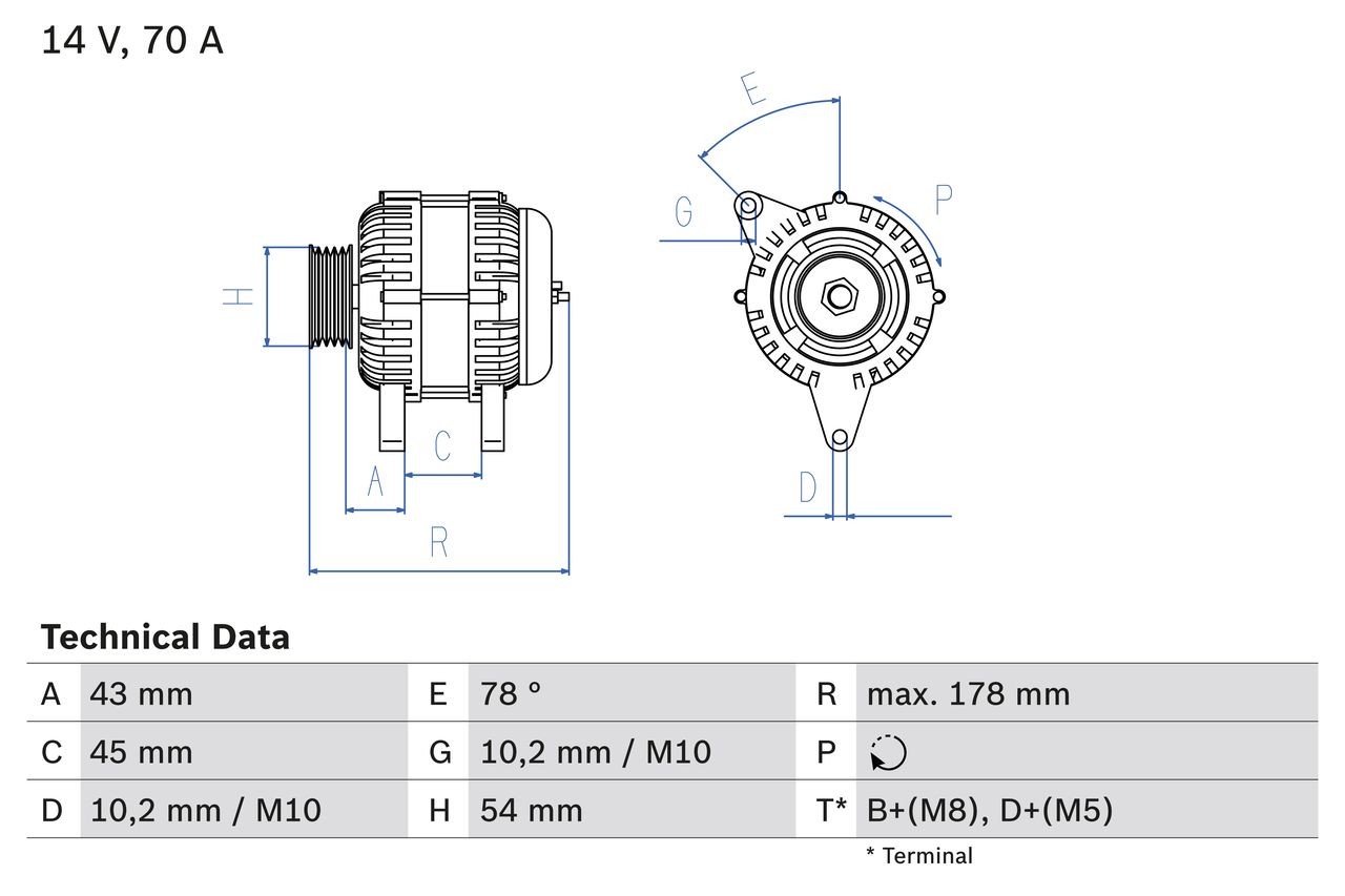 BOSCH 0 986 042 071 Alternator 14V, 70A, D+(M5), B+(M8), excl. vacuum pump, Ø 54 mm