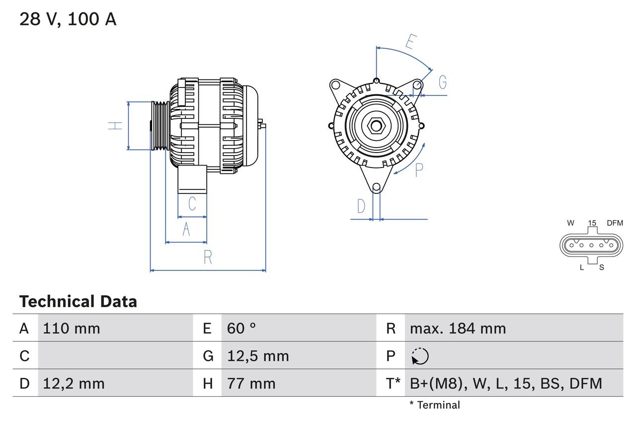 BOSCH 0 986 042 390 Alternator 28V, 100A, B+(M8),W,L,15,BS,DFM, PL82, excl. vacuum pump, Ø 77 mm
