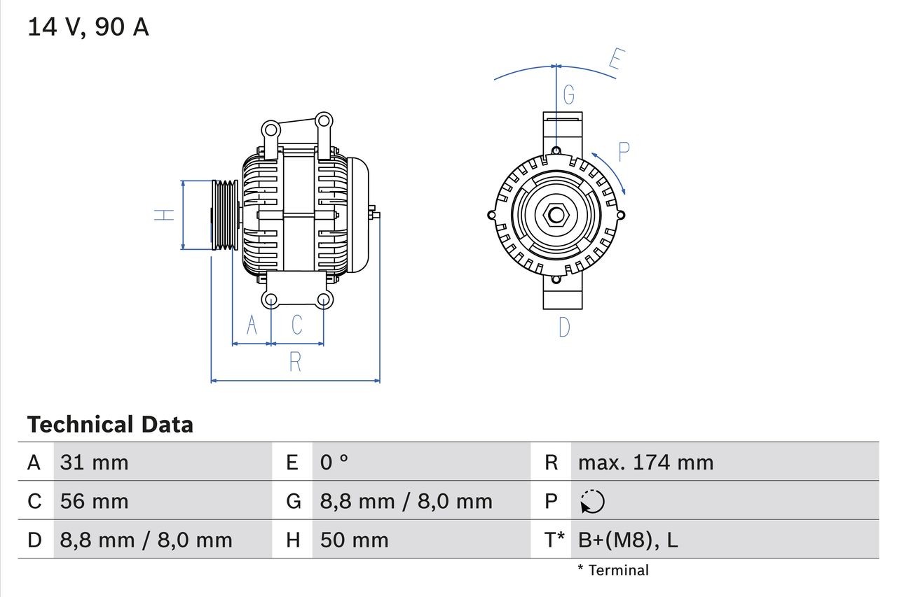 BOSCH 0 986 042 530 Alternator 14V, 90A, B1+(M8),L, excl. vacuum pump, Ø 50 mm