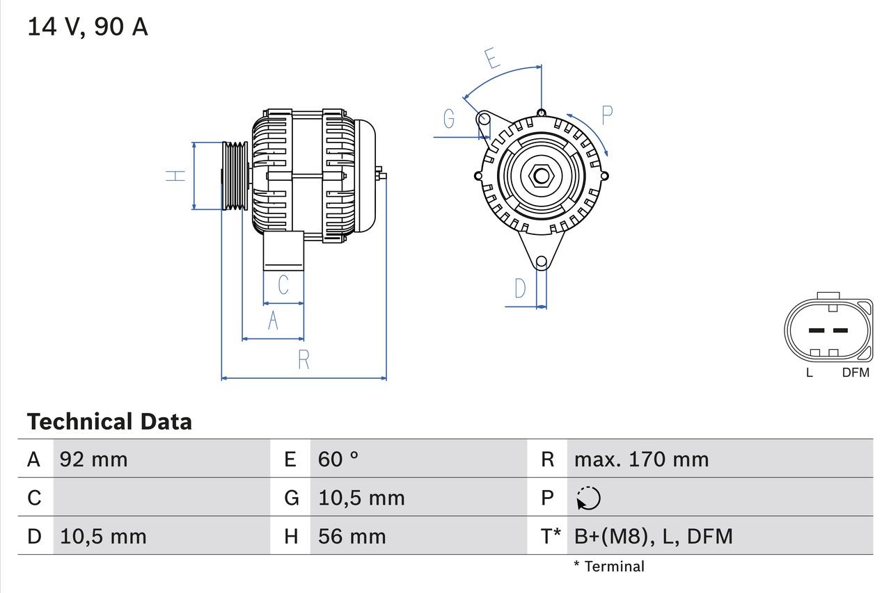 BOSCH 0 986 042 730 Alternator 14V, 90A, B+(M8), 103, excl. vacuum pump, Ø 56 mm