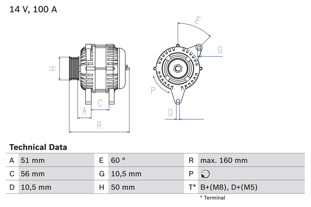 BOSCH 0 986 042 750 Alternator 14V, 100A, D+(M5), B2+(M8), excl. vacuum pump, Ø 50 mm