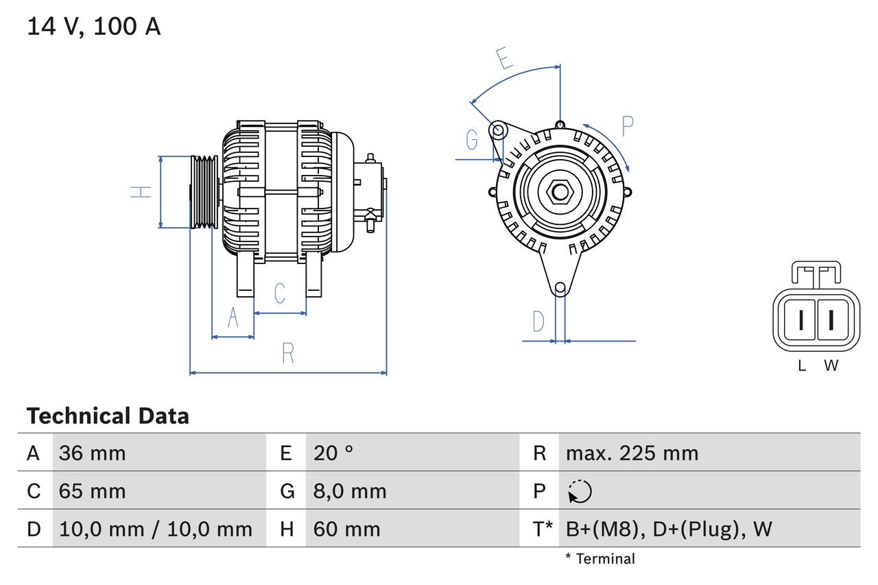 0 986 043 981 BOSCH Generator HONDA 14V, 100A, B+(M8), D+(Plug), W, PL50, incl. vacuum pump, Ø 60 mm