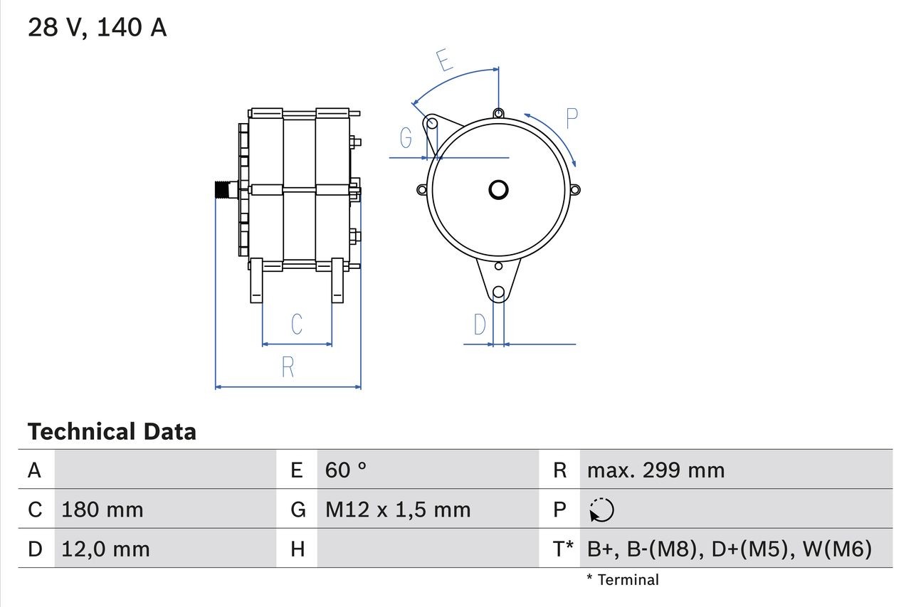 BOSCH 0 986 044 060 Alternator 28V, 140A, B+(M8),D+(M5),W(M6), excl. vacuum pump
