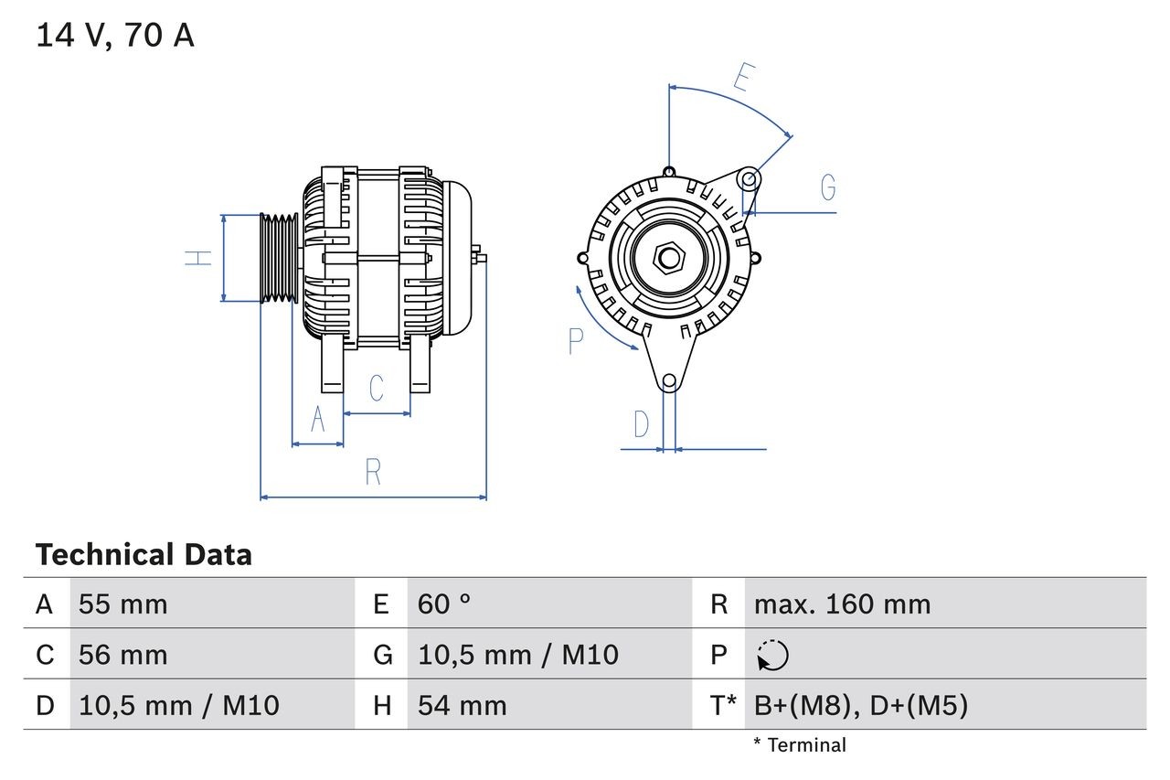 BOSCH 0 986 044 210 Alternator 14V, 70A, D+(M5), B2+(M8), excl. vacuum pump, Ø 54 mm