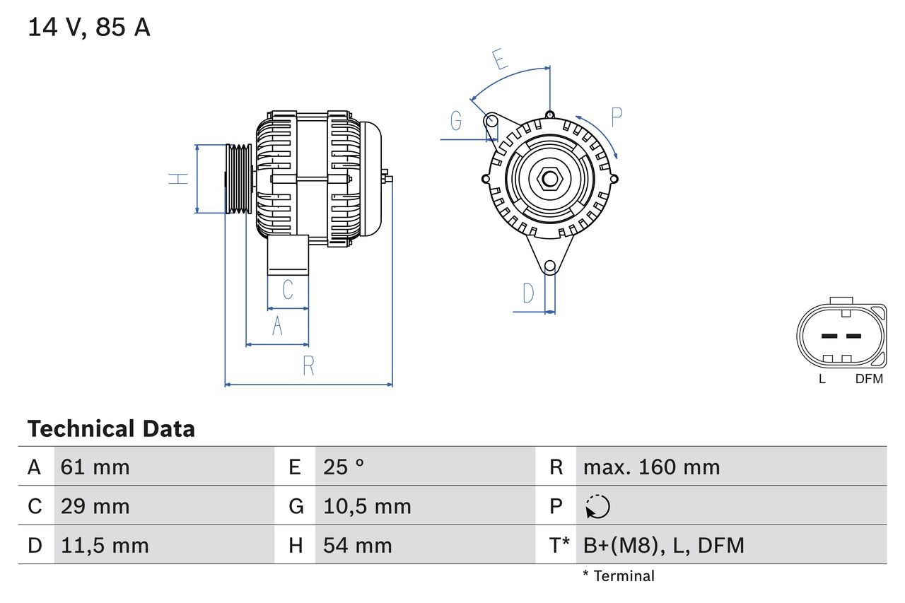 BOSCH 0 986 044 490 Alternator 14V, 85A, B2+(M8), L, DFM, PL61, excl. vacuum pump, Ø 54 mm