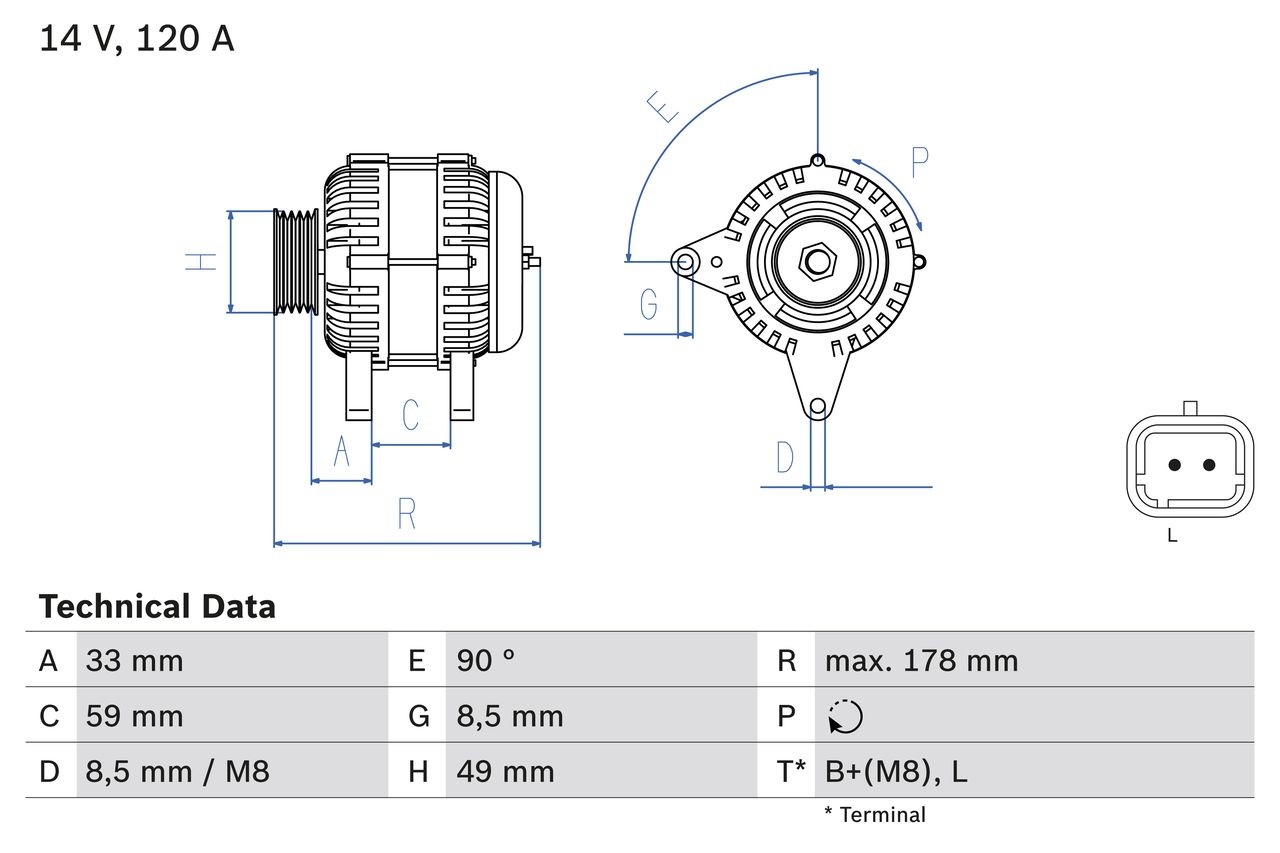 BOSCH 0 986 045 241 Alternator 14V, 120A, L, B+(M8), PL324, excl. vacuum pump, Ø 49 mm