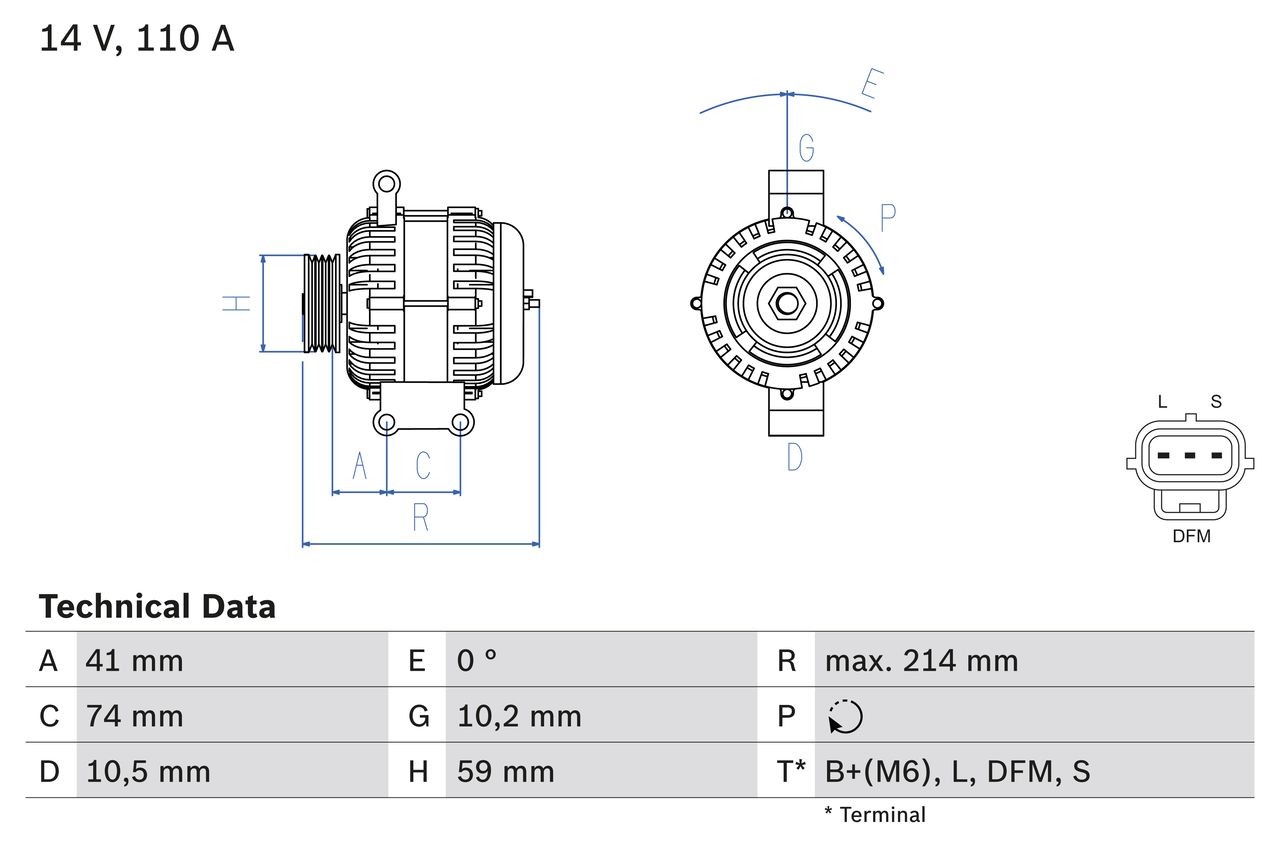 BOSCH 0 986 045 370 Alternator 14V, 110A, B2+(M6), L, DFM, S, PL81, excl. vacuum pump, Ø 59,2 mm