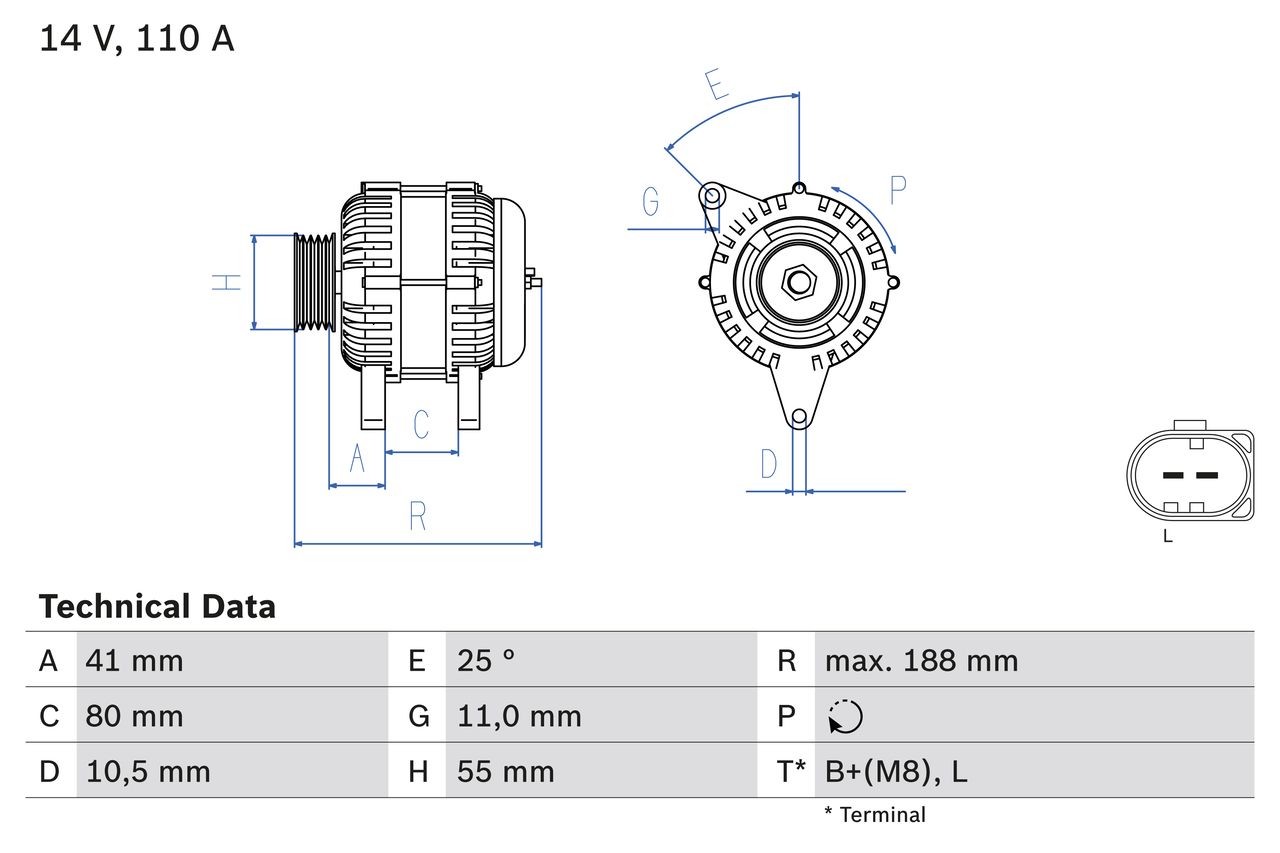 BOSCH 0 986 046 060 Alternator 14V, 110A, L, B+(M8), PL87, excl. vacuum pump, Ø 55 mm