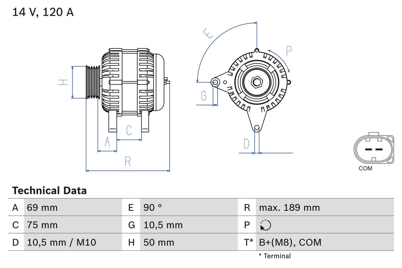 Generator BOSCH 14V, 120A, B1+(M8),COM, PL86, excl. vacuum pump, Ø 50 mm - 0 986 046 170
