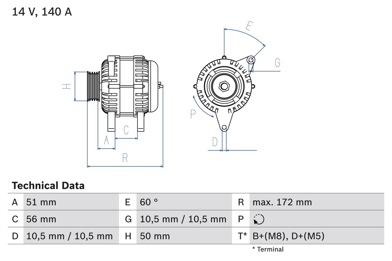 4623 BOSCH 14V, 140A, D+(M5), B2+(M8), excl. vacuum pump, Ø 50 mm Generator 0 986 046 230 buy