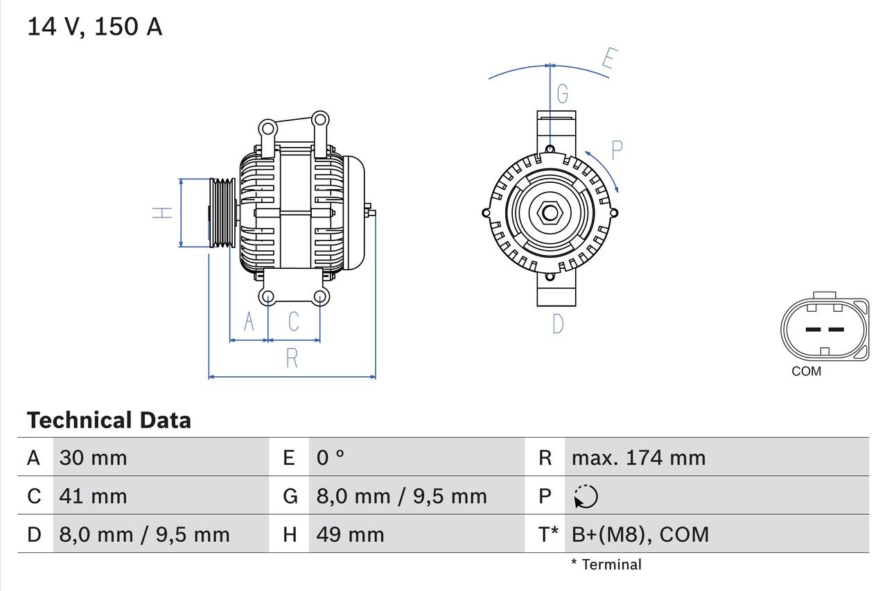 BOSCH 0 986 046 270 Alternator 14V, 150A, B+(M8), 86, excl. vacuum pump, Ø 49 mm