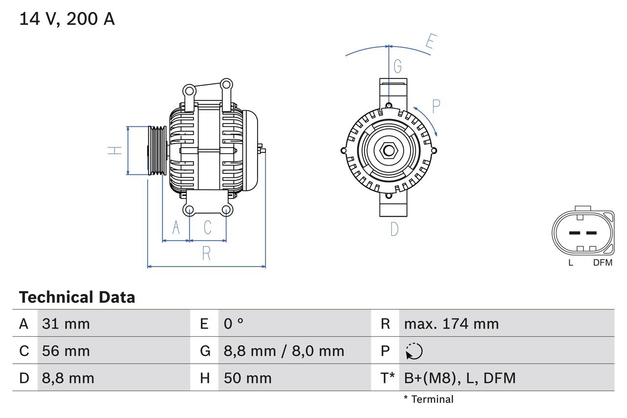 BOSCH 0 986 046 340 Alternator 14V, 200A, B2+(M8), L, DFM, PL103, excl. vacuum pump, Ø 50 mm