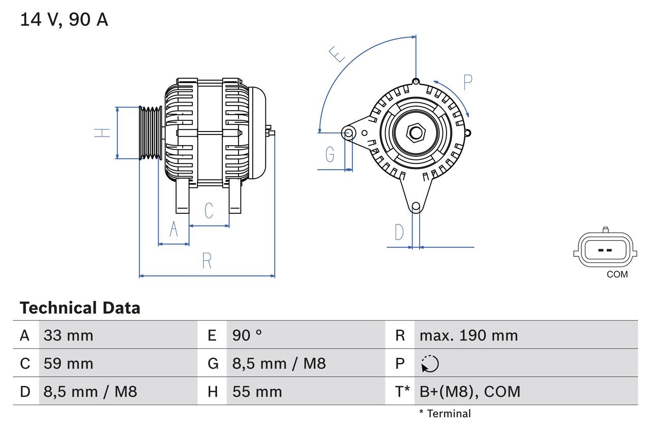 BOSCH 0 986 046 440 Alternator 14V, 90A, COM, B2+(M8), PL124, excl. vacuum pump, Ø 54,8 mm
