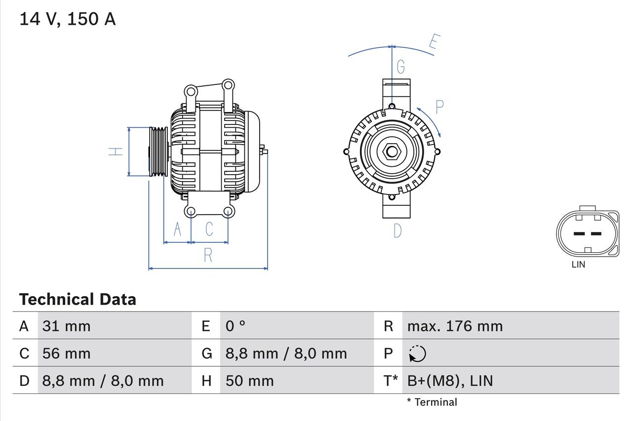 BOSCH 0 986 047 150 Alternator 14V, 150A, B+(M8), 166, excl. vacuum pump, Ø 50 mm