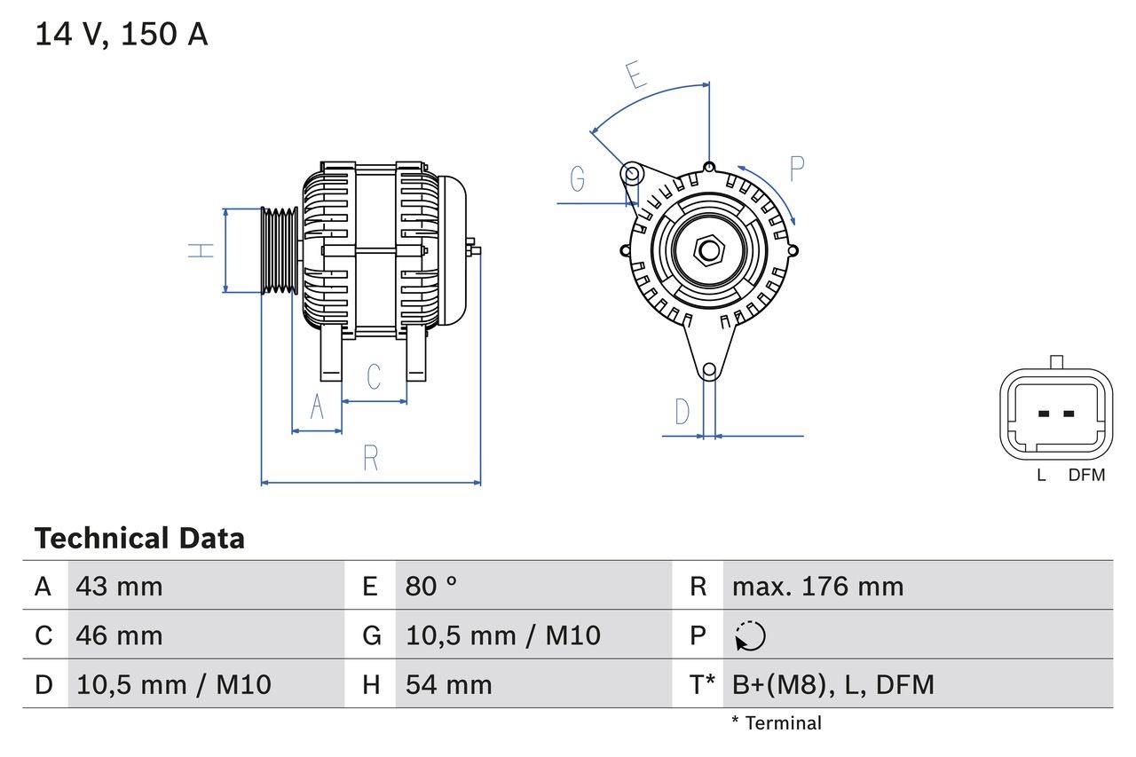 Generator BOSCH 14V, 150A, B2+(M8), L, DFM, PL72, excl. vacuum pump, Ø 54,3 mm - 0 986 047 360