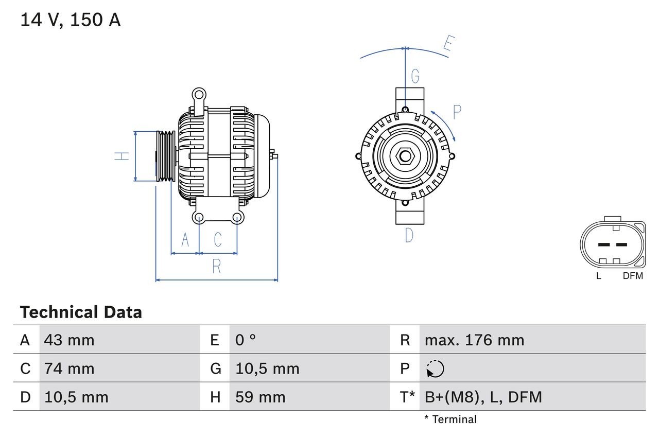 BOSCH 0 986 047 910 Alternator 14V, 150A, B2+(M8),DFM,L, PL61, excl. vacuum pump, Ø 59 mm