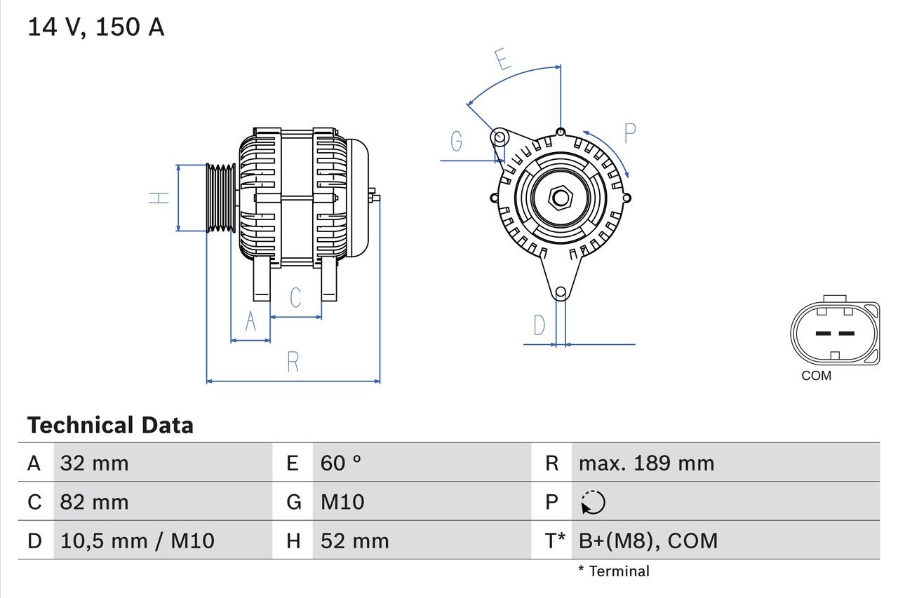 BOSCH 0 986 048 090 Alternator 14V, 150A, B+(M8), 86, excl. vacuum pump, Ø 51,8 mm