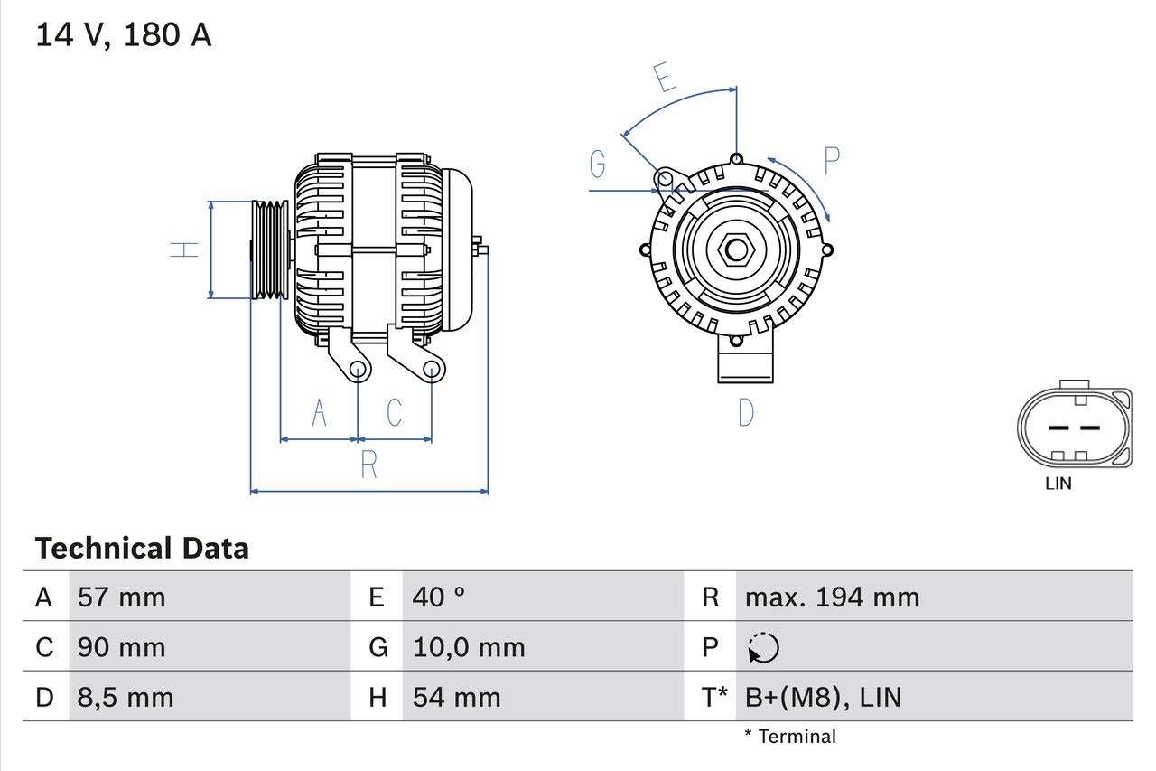 Alternator BOSCH 14V, 180A, B+(M8), 341, excl. vacuum pump, Ø 54 mm - 0 986 048 400