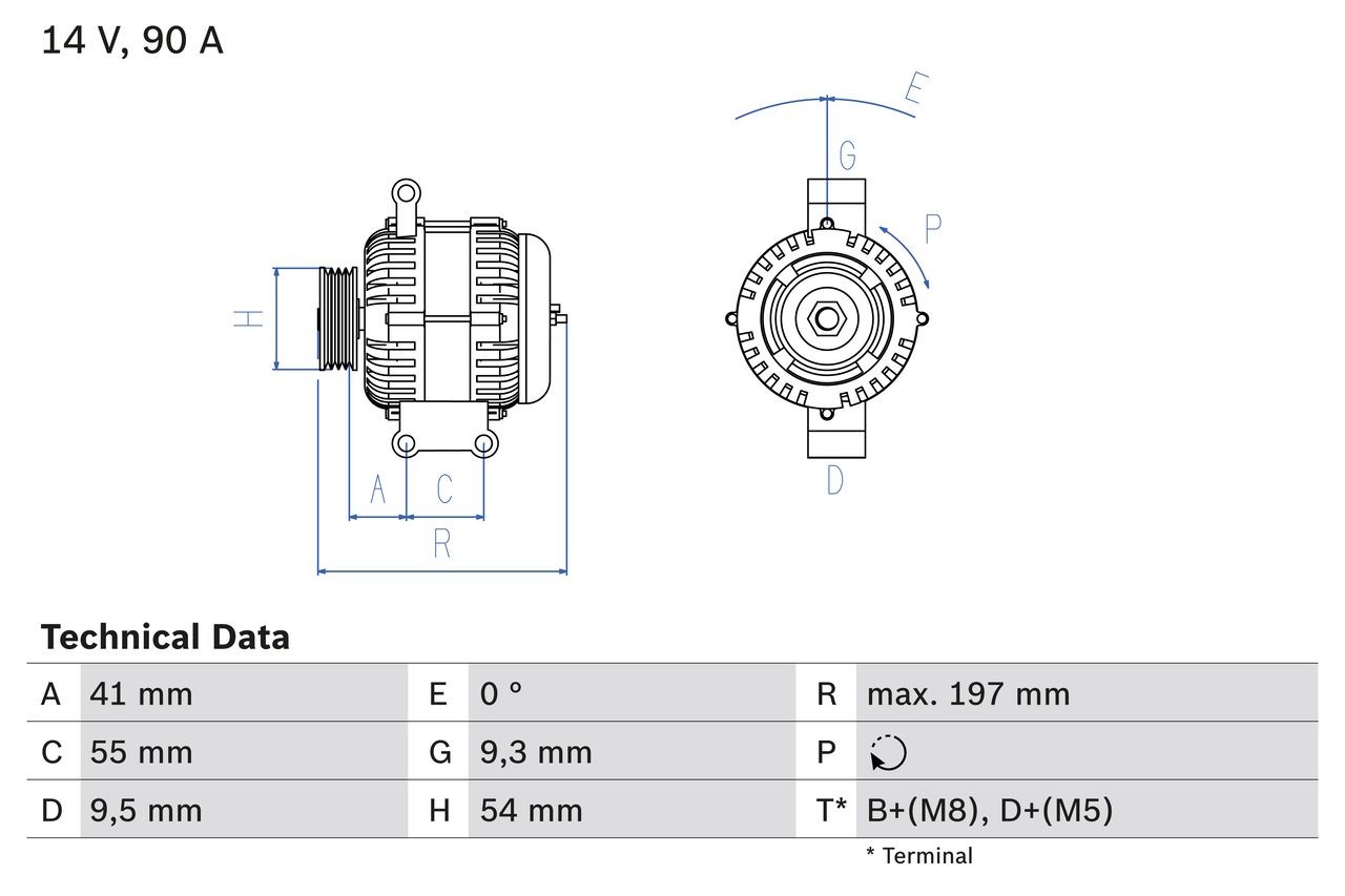 BOSCH 0 986 048 771 Alternator 14V, 90A, D+(M5), B+(M8), excl. vacuum pump, Ø 54 mm