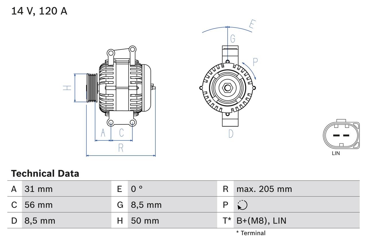 0 986 049 010 BOSCH Generator MERCEDES-BENZ 14V, 120A, LIN, B1+(M8), PL166, excl. vacuum pump, Ø 50 mm