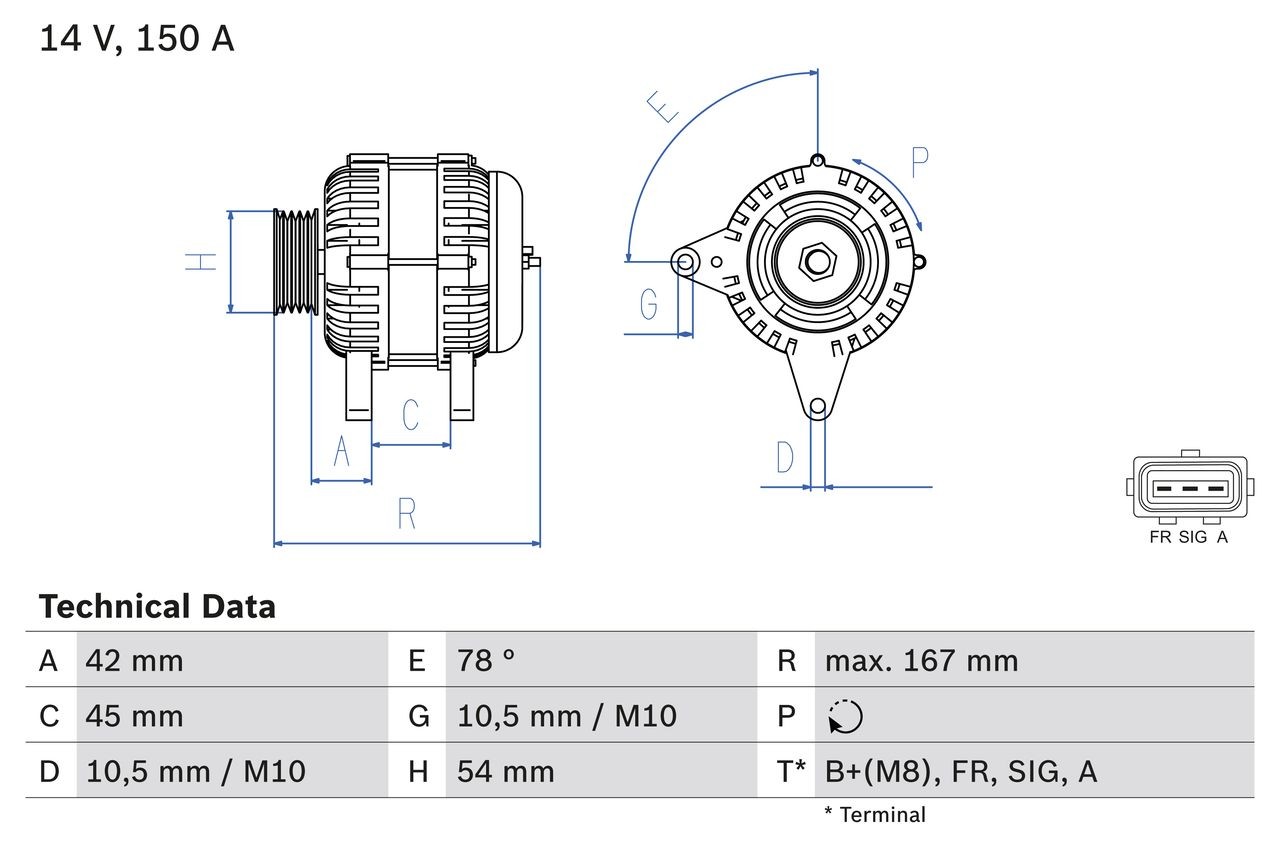 0 986 049 071 BOSCH Generator LEXUS 14V, 150A, B2+(M8), SIG, FR, A, PL57, excl. vacuum pump, Ø 54,1 mm
