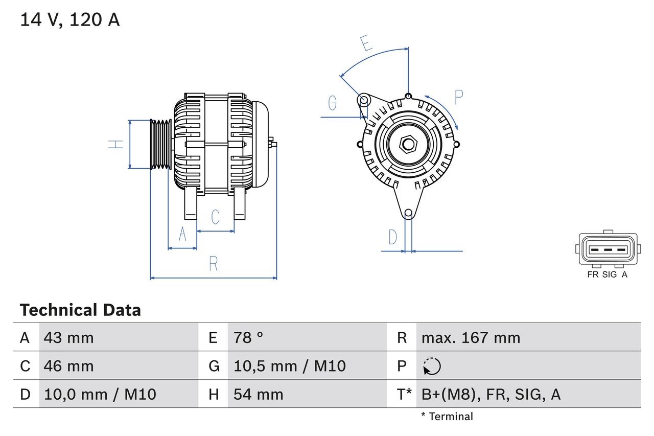 BOSCH 0 986 049 171 Alternator 14V, 120A, B+(M8), SIG, FR, A, PL57, excl. vacuum pump, Ø 54 mm