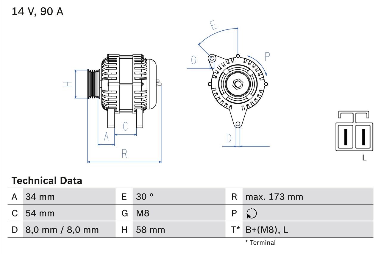 0 986 049 191 BOSCH Generator KIA 14V, 90A, excl. vacuum pump, Ø 57,5 mm