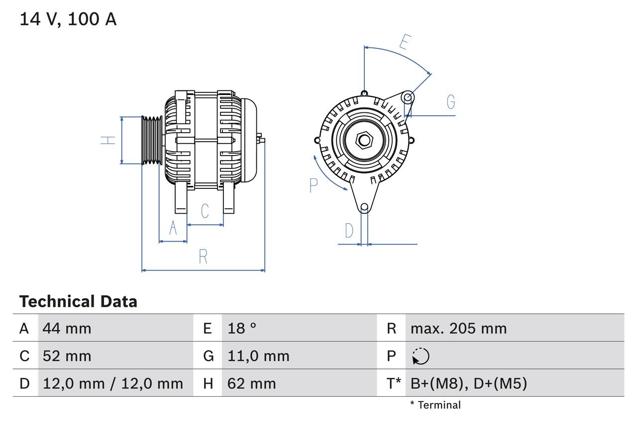 4923 BOSCH 14V, 100A, D+(M5), B+(M8), excl. vacuum pump, Ø 61,5 mm Generator 0 986 049 231 buy