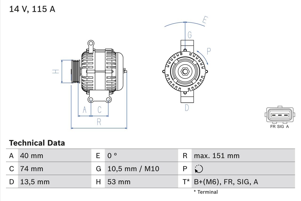 0 986 049 460 BOSCH Generator JEEP 14V, 115A, excl. vacuum pump, Ø 53 mm