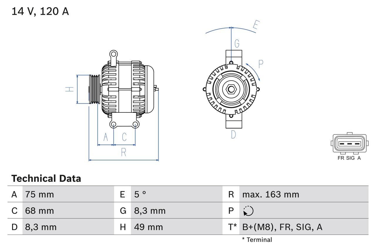 BOSCH 0 986 049 670 Alternator 14V, 120A, B+(M8), SIG, FR, A, PL57, excl. vacuum pump, Ø 49 mm