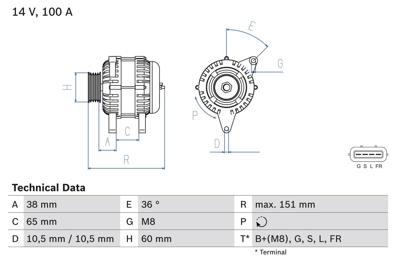 BOSCH 0 986 049 940 Alternator 14V, 100A, B+(M8),G,S,L,FR, PL68, excl. vacuum pump, Ø 60 mm