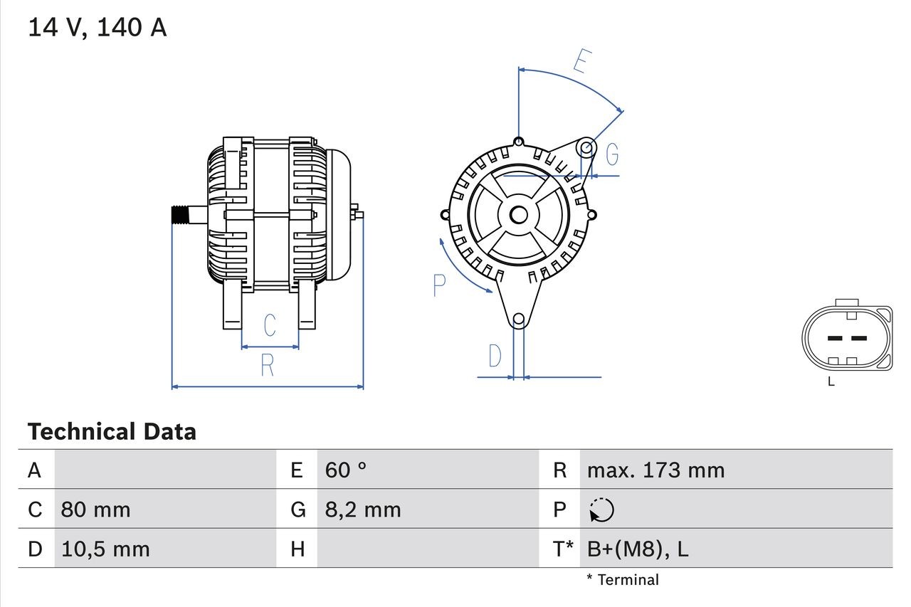 0 986 049 950 BOSCH Generator FIAT 14V, 140A, B+ (M8), 87, excl. vacuum pump