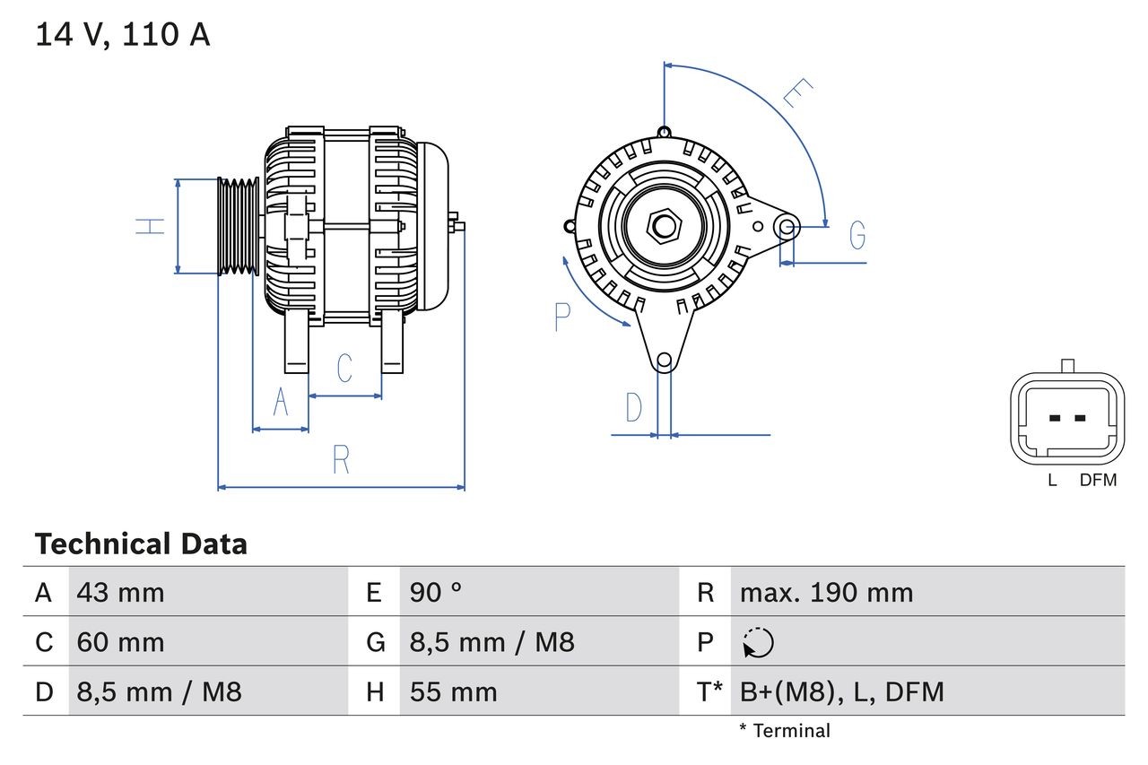BOSCH 0 986 080 140 Alternator 14V, 110A, B1+(M8), L, DFM, PL72, excl. vacuum pump, Ø 54,5 mm