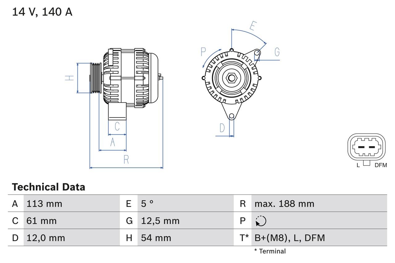 BOSCH 0 986 080 380 Alternator 14V, 140A, B2+(M8),DFM,L, PL75, excl. vacuum pump, Ø 54,2 mm