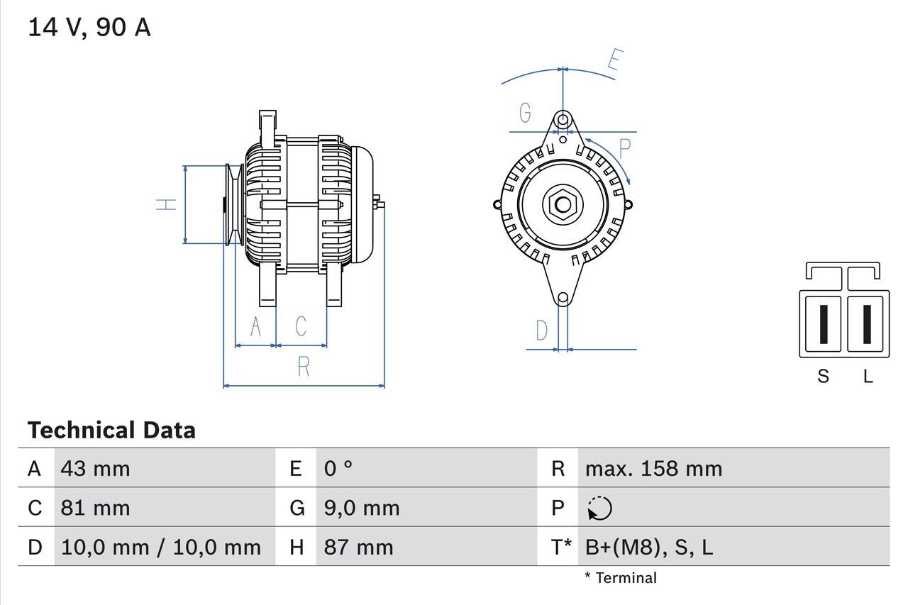 0 986 080 430 BOSCH Generator NISSAN 14V, 90A, excl. vacuum pump, Ø 87 mm