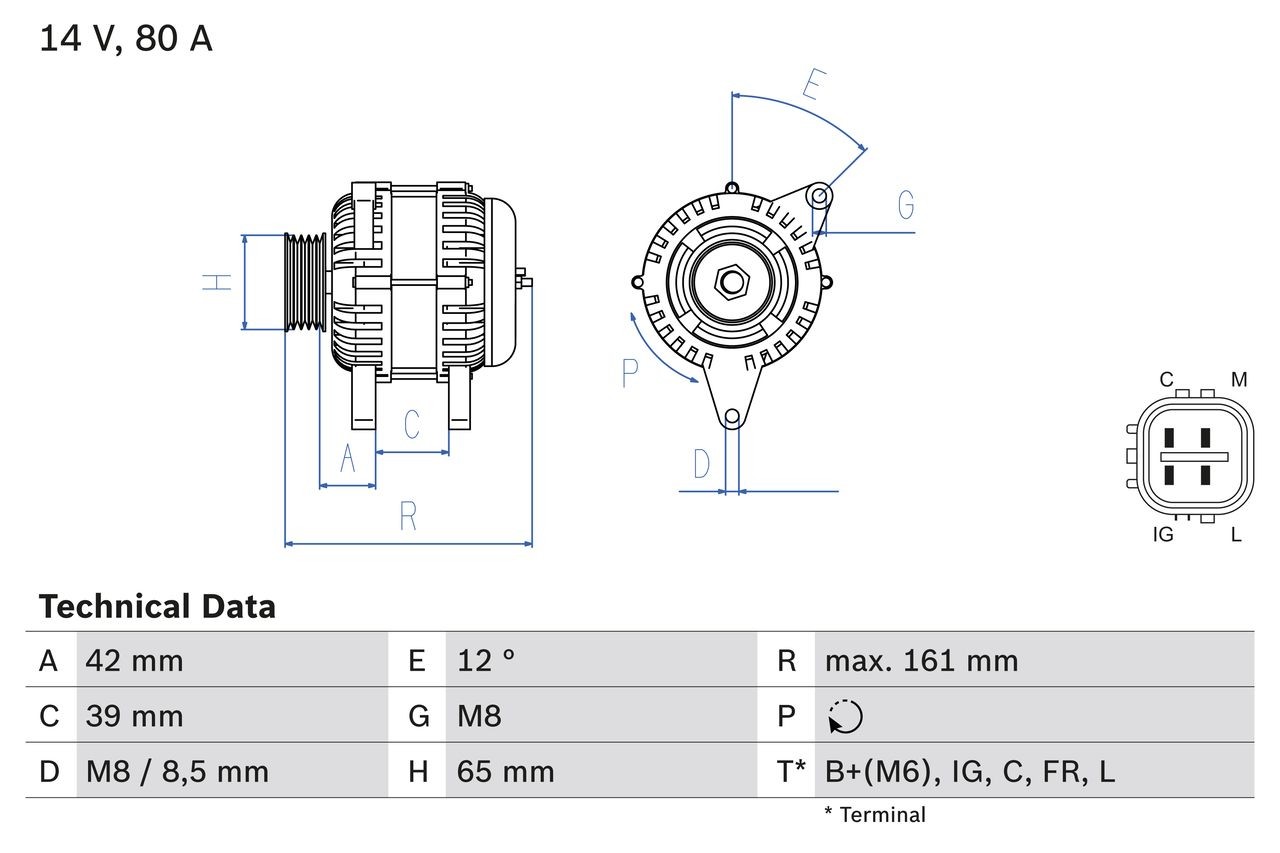 0 986 080 570 BOSCH Generator HONDA 14V, 80A, B+(M6),IG,C,FR,L, PL65, excl. vacuum pump, Ø 65 mm