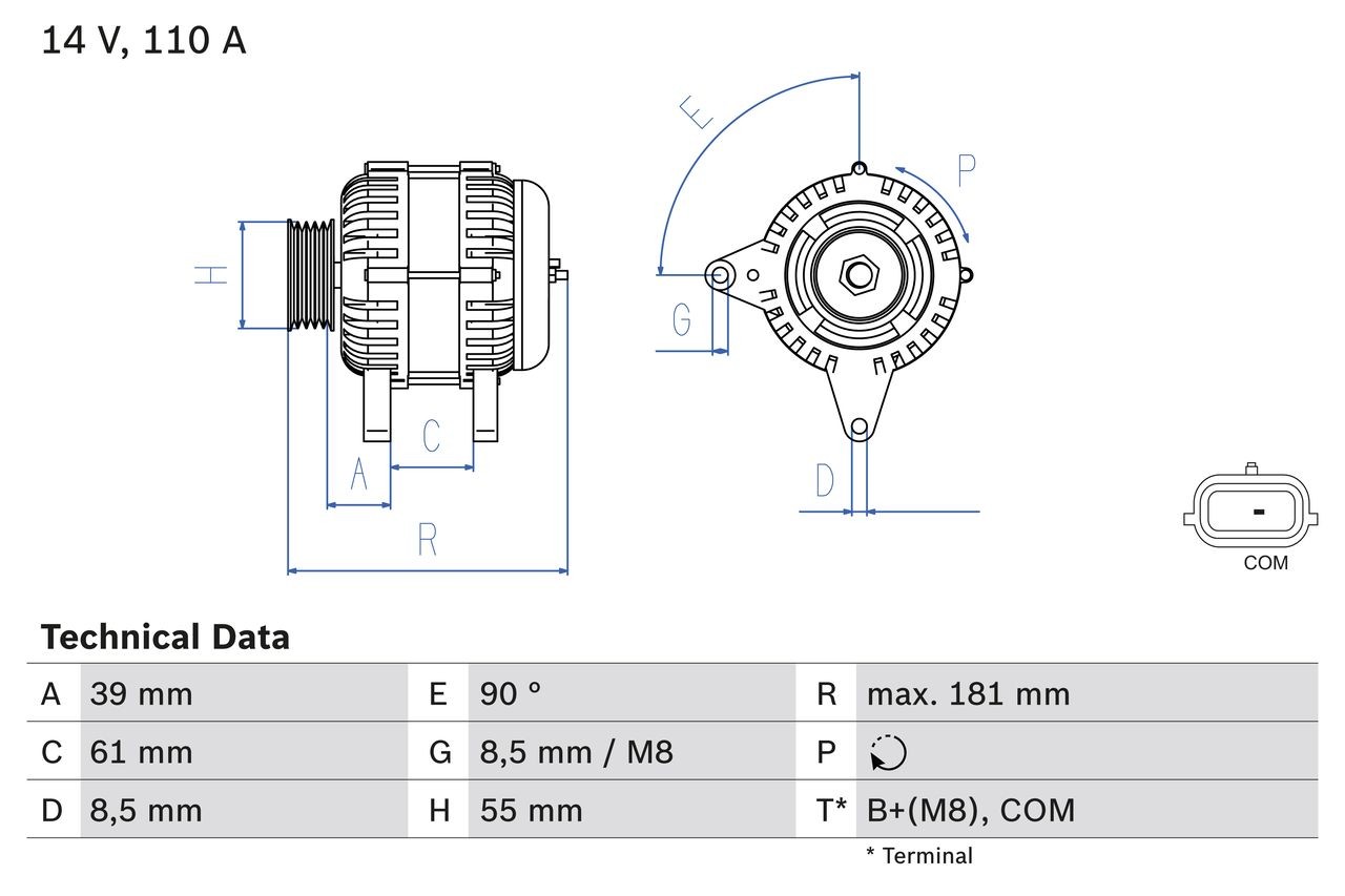 BOSCH 0 986 080 800 Alternator 14V, 110A, B+(M8),COM, PL131, excl. vacuum pump, Ø 55 mm