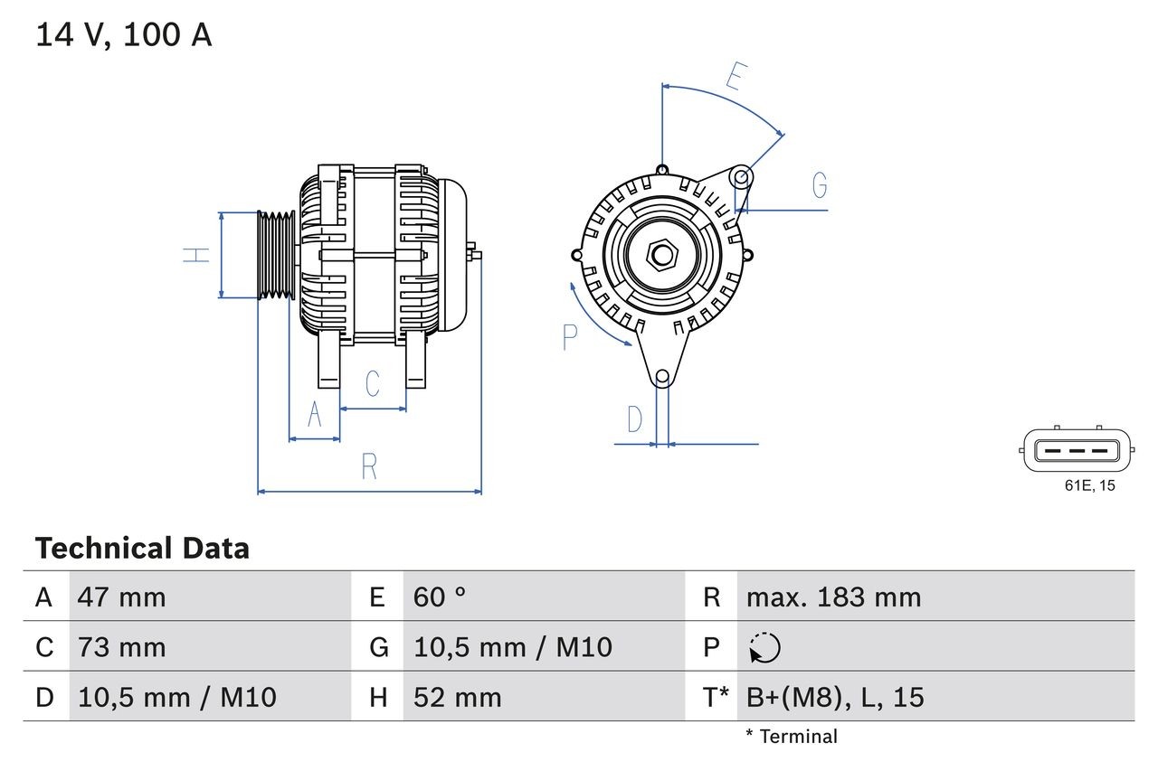 BOSCH 0 986 080 920 Alternator 14V, 100A, B+(M8),L,15, PL52, excl. vacuum pump, Ø 52 mm