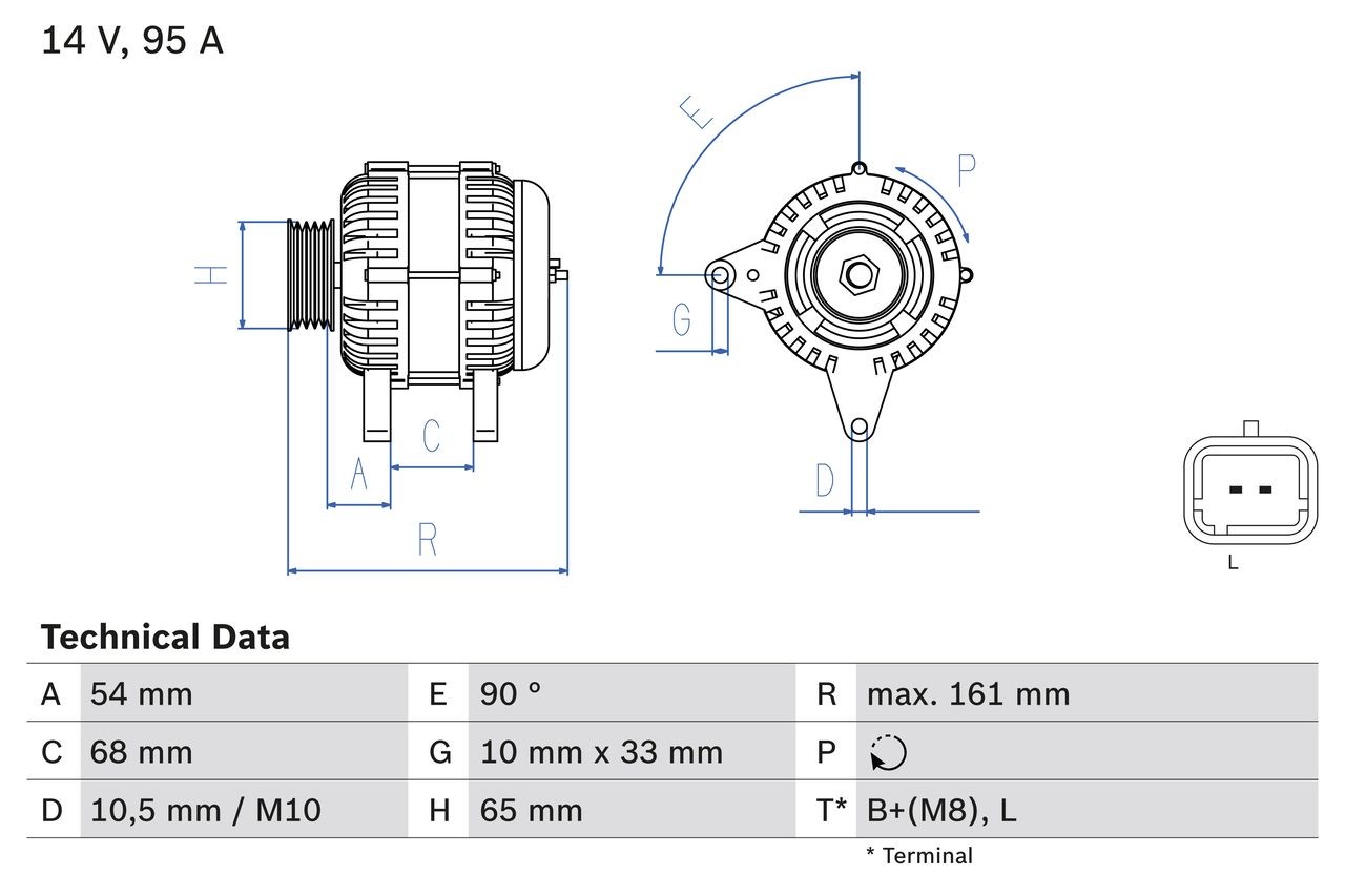 BOSCH 0 986 080 960 Alternator 14V, 95A, B+(M8),L, PL55, excl. vacuum pump, Ø 65 mm