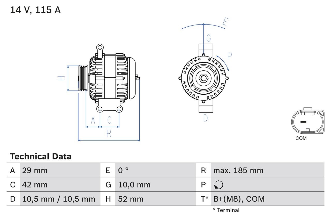 BOSCH 0 986 081 040 Alternator 14V, 115A, B+(M8),COM, PL125, excl. vacuum pump, Ø 52 mm