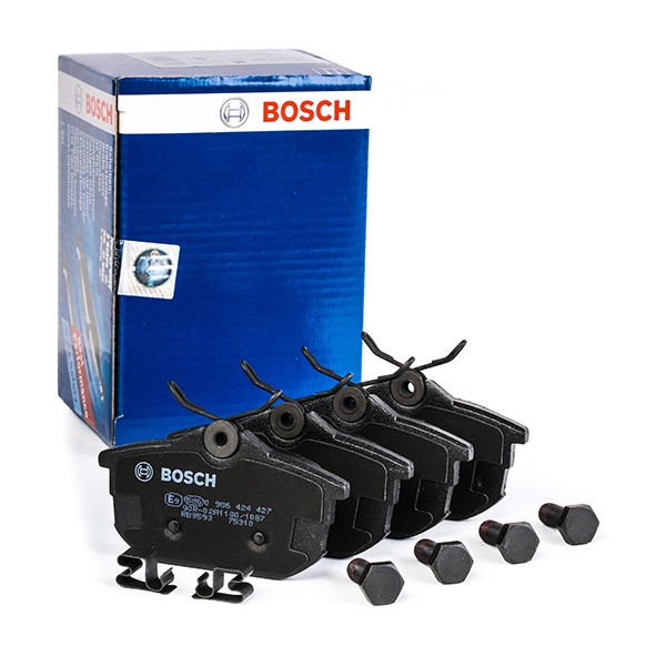 0986424427 Set of brake pads 21861 BOSCH Low-Metallic, with acoustic wear warning, with anti-squeak plate, with bolts/screws, with accessories