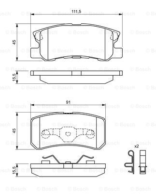 0986424717 Set of brake pads 7743-D868 BOSCH Low-Metallic, with acoustic wear warning, with piston clip, with mounting manual