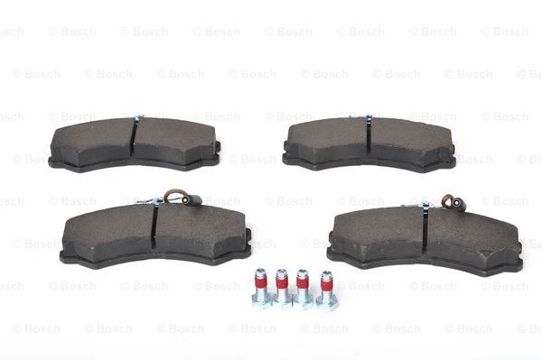 BOSCH 20741 Disc pads Low-Metallic, with integrated wear sensor, with anti-squeak plate, with bolts/screws, with accessories