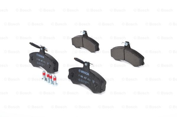 0986467411 Set of brake pads 7043D111 BOSCH Low-Metallic, with integrated wear sensor, with anti-squeak plate, with bolts/screws, with accessories