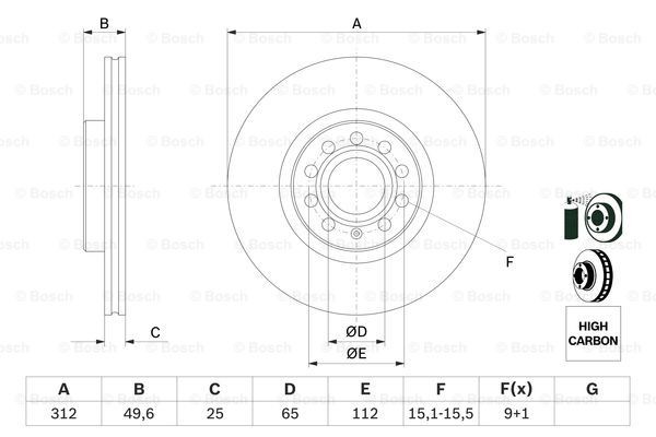 Disco freno 0 986 479 058 BOSCH 312x25,1mm, 9x112, ventilato, rivestito, ad alto tenore di carbonio, con bulloni/viti