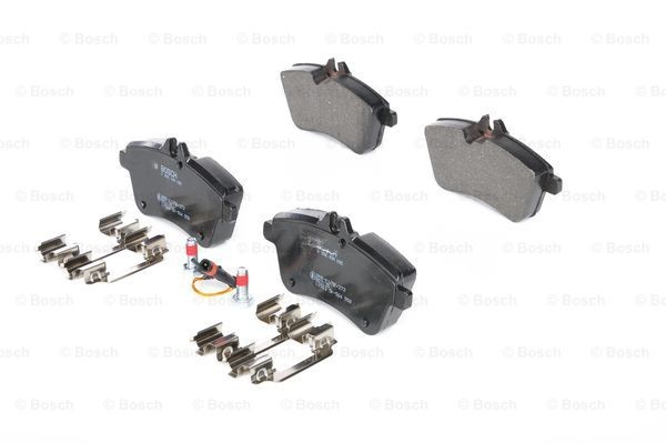 0986494085 Set of brake pads 8466-D1357 BOSCH Low-Metallic, incl. wear warning contact, with mounting manual, with anti-squeak plate, with bolts/screws