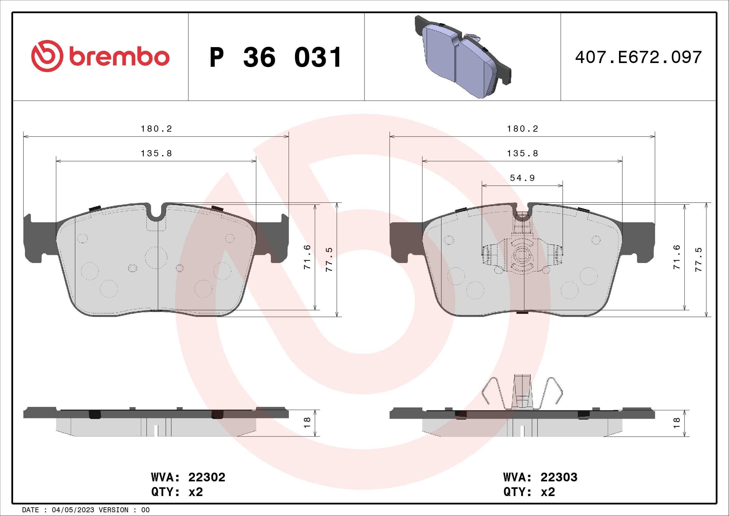P36031 Set of brake pads D18619090 BREMBO prepared for wear indicator, with piston clip, without accessories